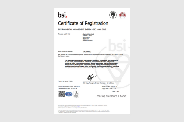 ISO14001 Certificate - Huntingdon and Chesterfield